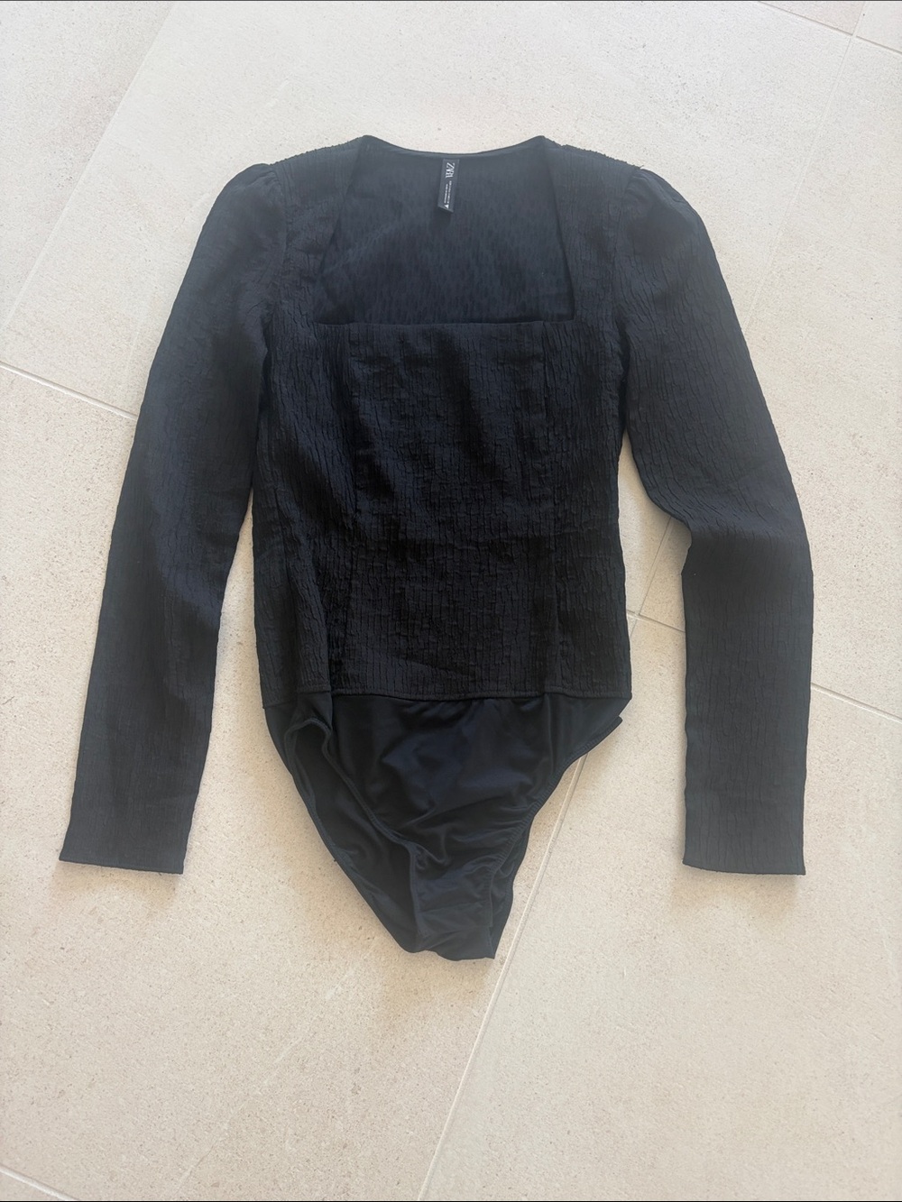 Zara Black Textured Long-Sleeve Bodysuit